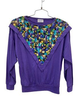Vintage 90s HMJ Pullover Sweater Small Crewneck Geometric Purple Deadstock NEW